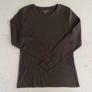Ann Taylor Casual Pull On Lg Slv Crew Neck 100% Cotton Top Chocolate Brown Sz L